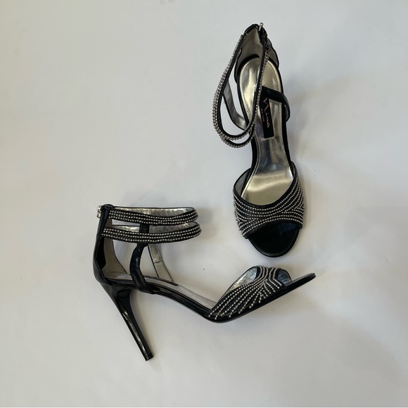 Black Rhinestone Embellished Open-toe Strappy Stiletto Heels - Picture 12 of 13